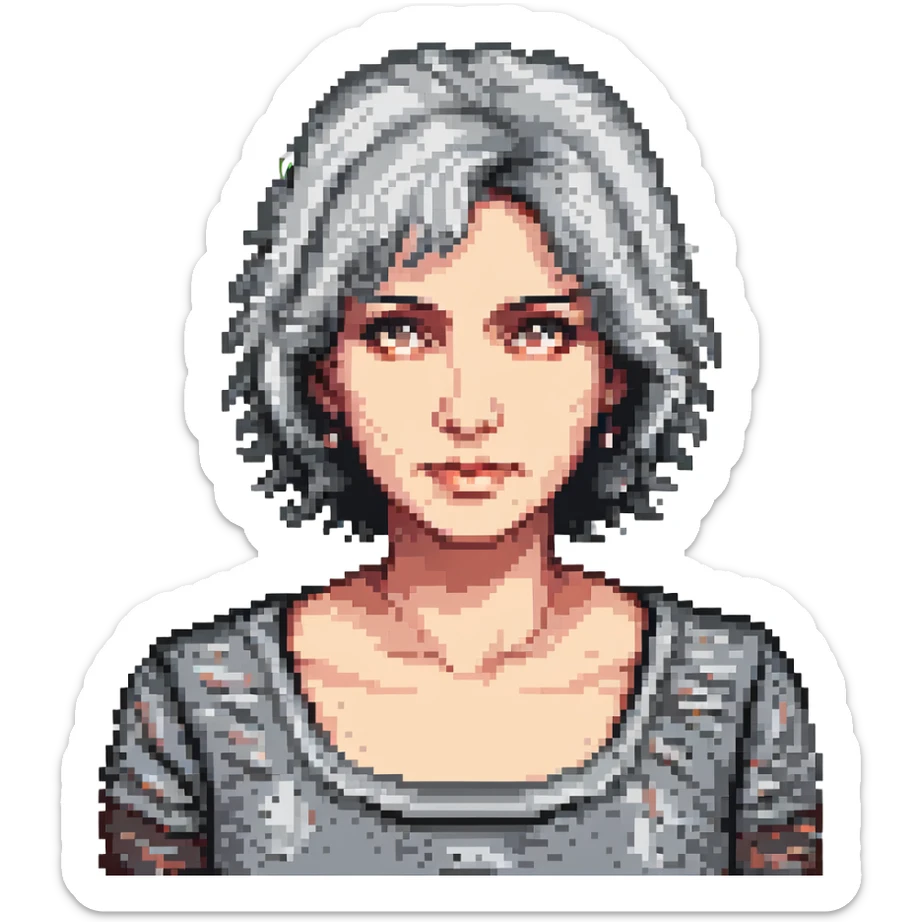 close-up of a 50-year-old woman with gray and black hair, neutral expression, pixel art style sticker