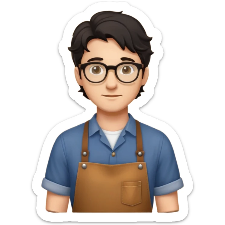 Young caucasian man with black wavy hair, round glasses, brown carpentry apron over a shirt, woodworker sticker