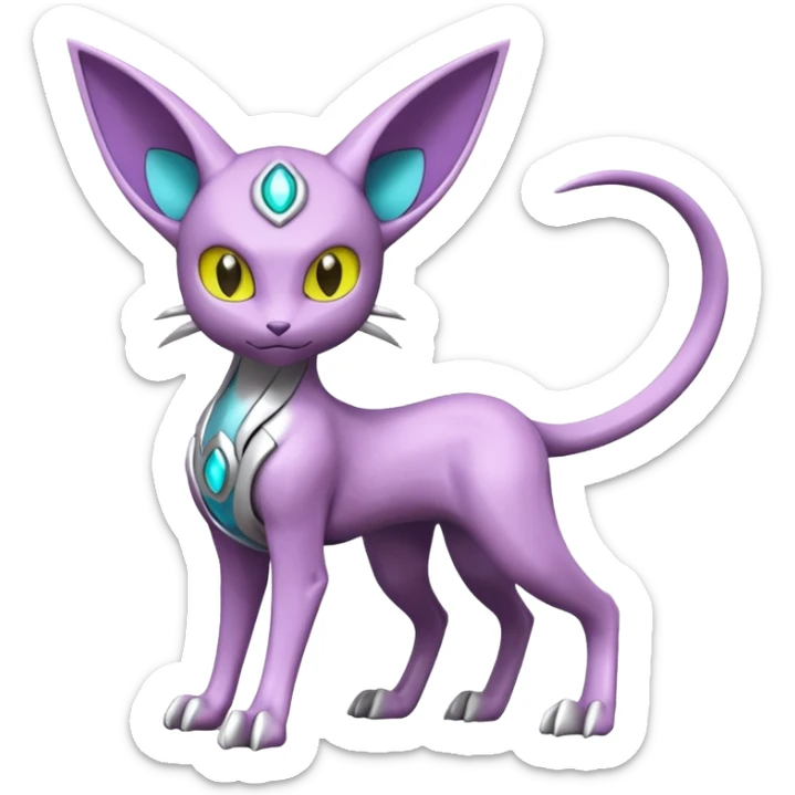 Mechanical Miraidon-Espeon-Mewtwo-Fakémon-hybrid-creature (full body)  with yellow eyes and cyan markings sticker
