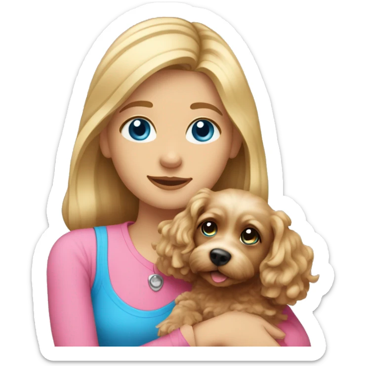 White dark blond girl with long hair and blue eyes wearing a pink shirt and hugging a cavapoo dog sticker