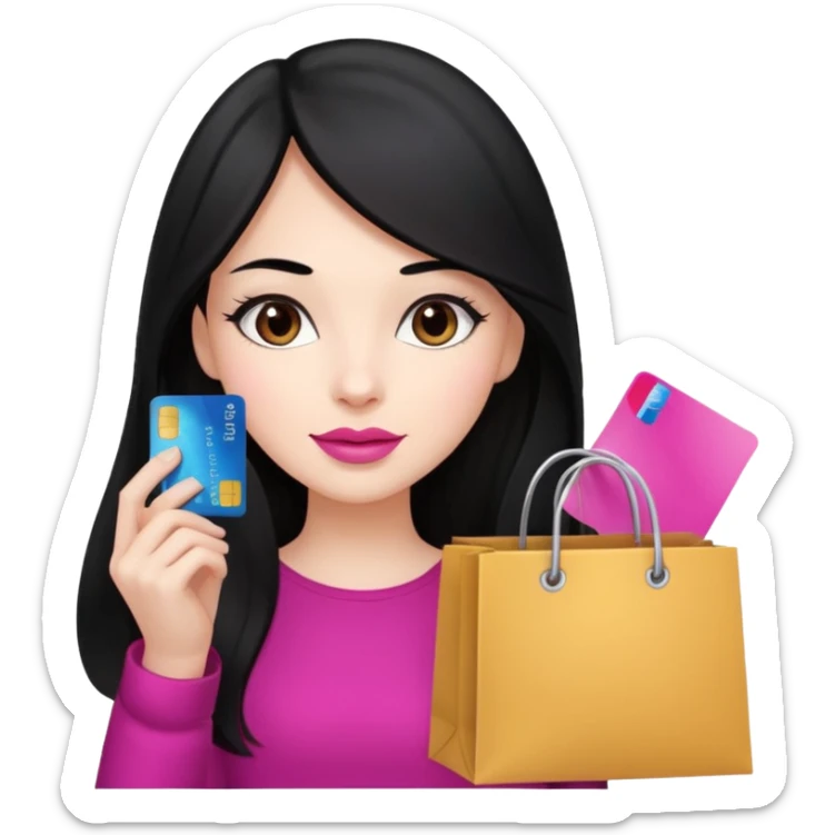 Girl with long black hair and pink lipstick, brown eyes holding shopping bags and credit card sticker
