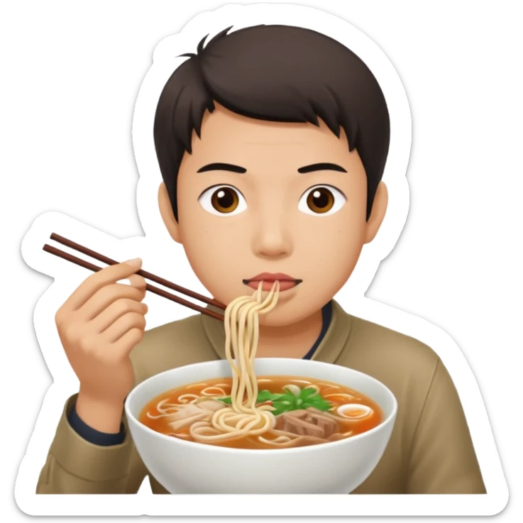 can you generate me a avatar of a male eating a bowl of pho? make it more anime. Make the person slurping on the noodles. only one pair of chopsticks sticker