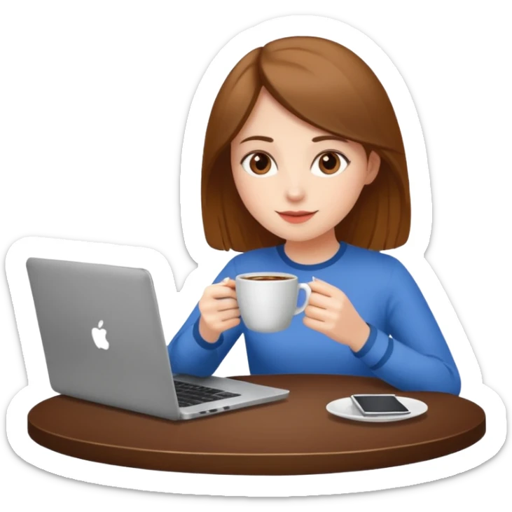 laptop and coffee are on the table. coffee is not on the laptop. the girl is drinking coffee. sticker