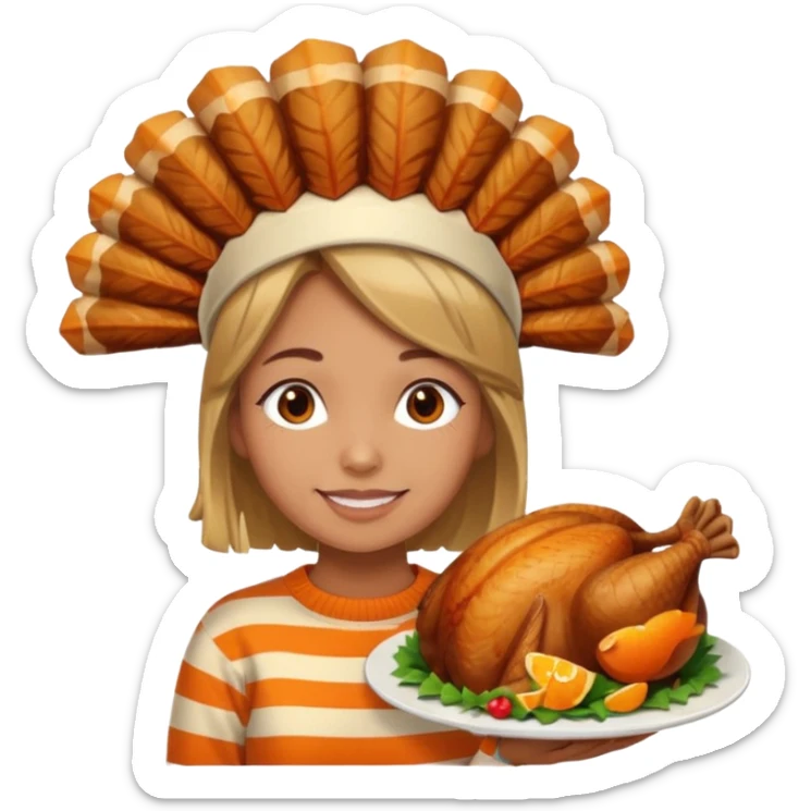 happy tan girl with an orange striped sweater and a cooked browned turkey on her head  sticker
