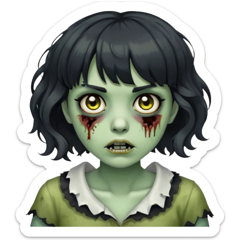 zombie girl with short wavy hair and black bangs, greenish skin sticker