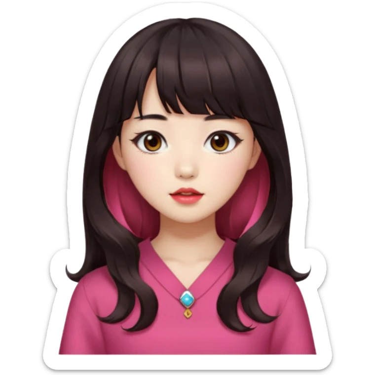 Korean girl, red top, black brown hair, brown eyes, long wavy hair, aesthetic, long hair, hime cut, blunt bangs, pink lip sticker