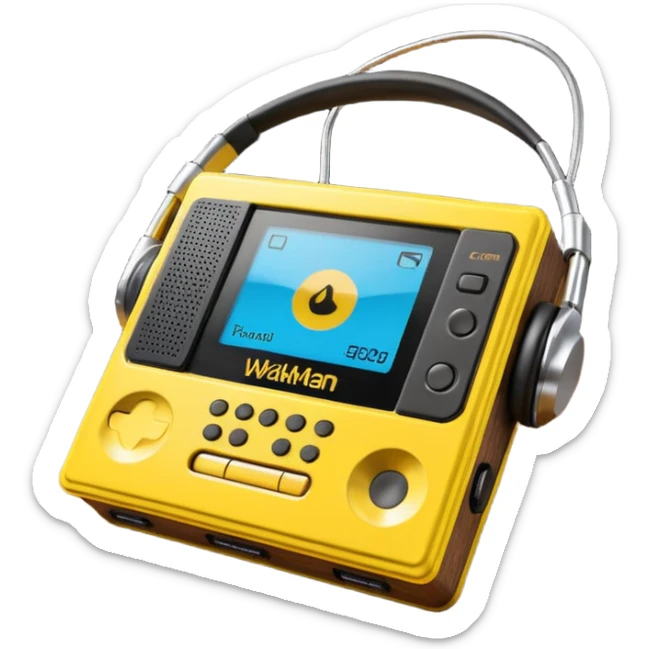 3D render of Walkman, vintage 1980s audio equipment aesthetic, tactile analog buttons, bright sports yellow plastic case with black foam headphones, mixed wood grain and brushed aluminum textures, Apple emoji style, isolated on white background --v 6.0 sticker