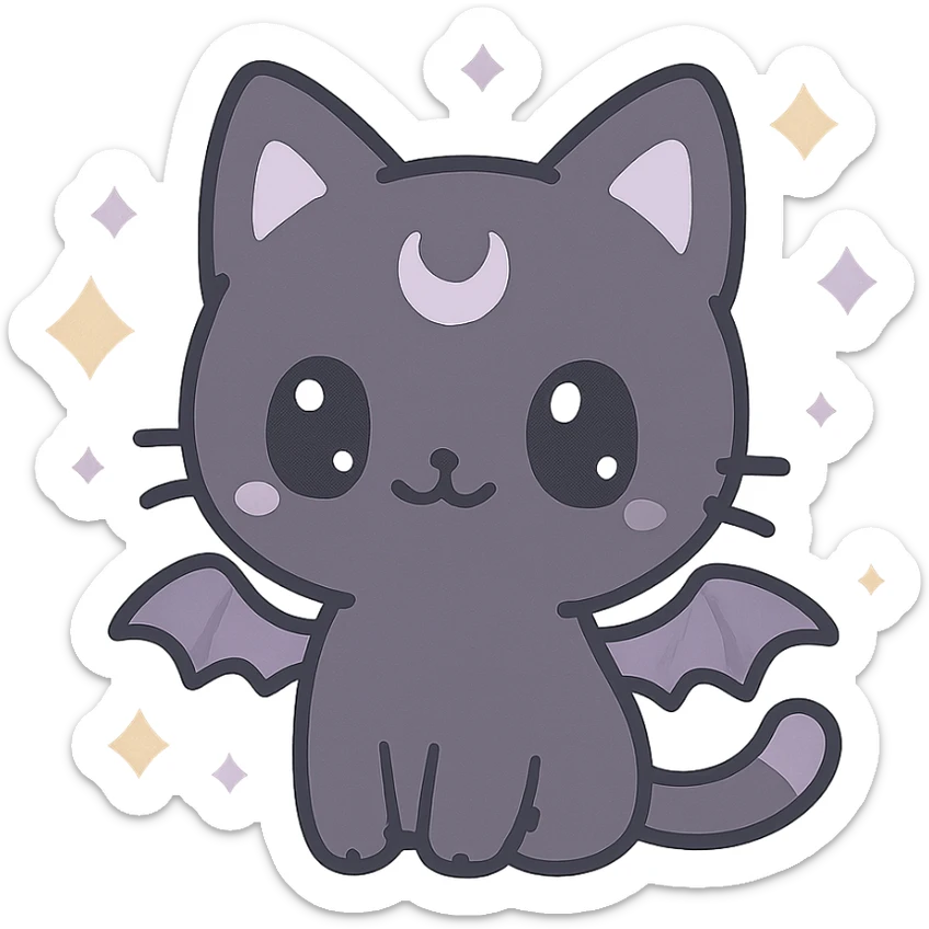 kawaii style magical gothic cat, happy face, black fur with purple accents, surrounded by magical sparkles, tiny bat wings, fun and mystical sticker