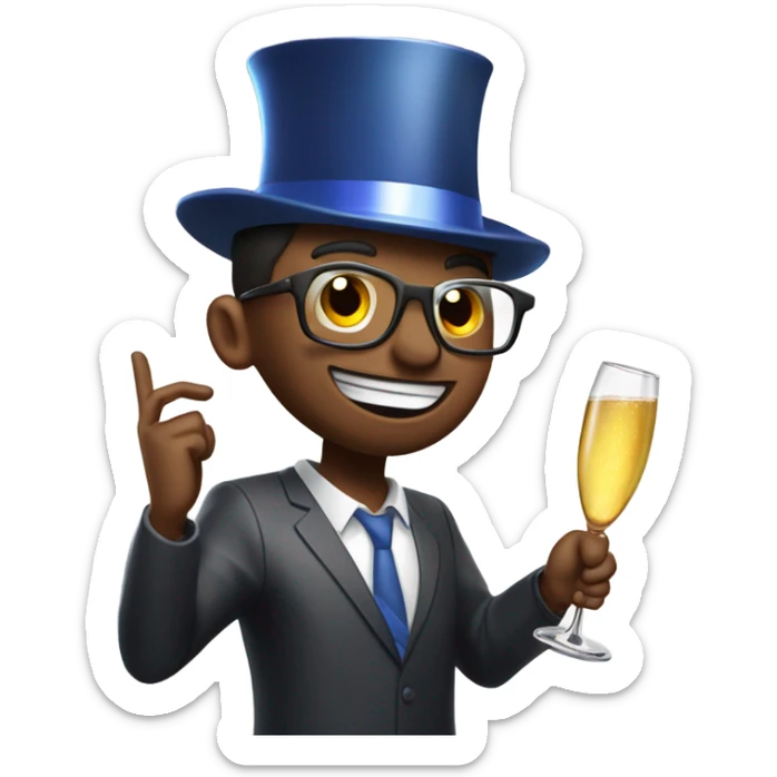 One guy celebrating new year 2025, with a party hat and a glass of champagne in his hands, the party hat says 2025 on it. And also put some fireworks in the background sticker