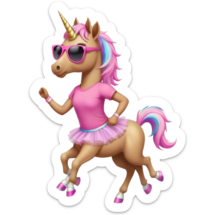 friendly anthropomorphised female unicorn with horse-like face, in tutu and pink t-shirt, wearing dark sunglasses, jogging upright in standard pose sticker