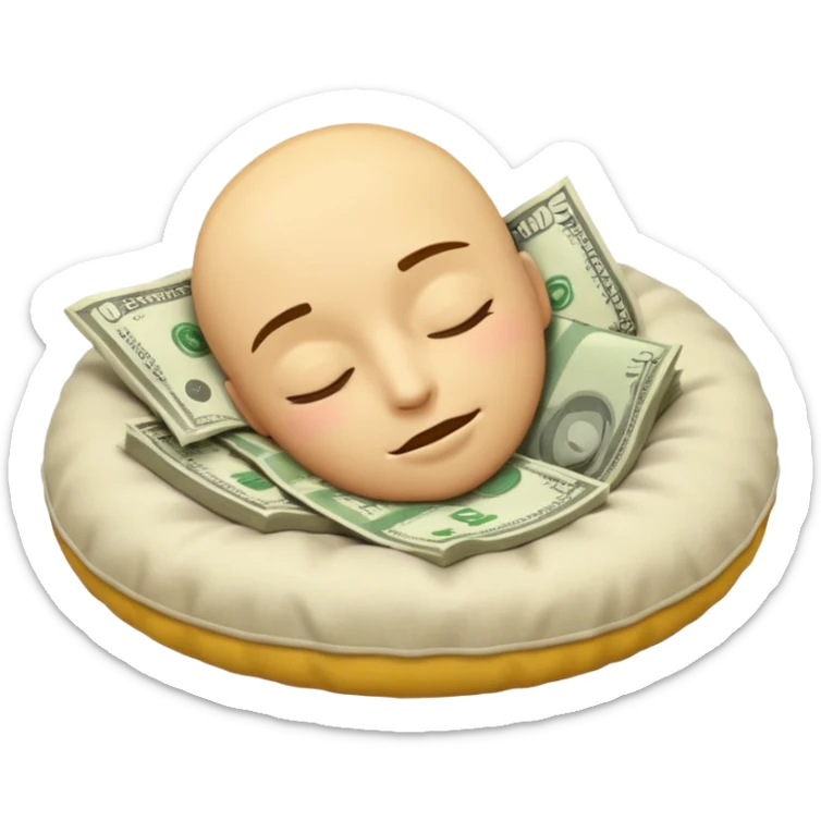 a round yellow IOS style emoji of a face sleeping on a pillow of money sticker