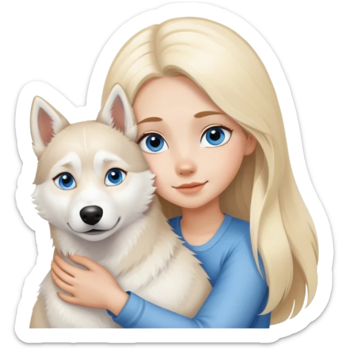 blonde girl with long blonde hair and blue eyes hugging a white husky with brown eyes sticker