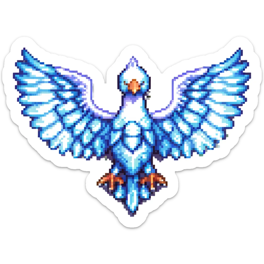 pixel art style ice phoenix, wings spread, frosty aura, cool tones, detailed sprite sticker