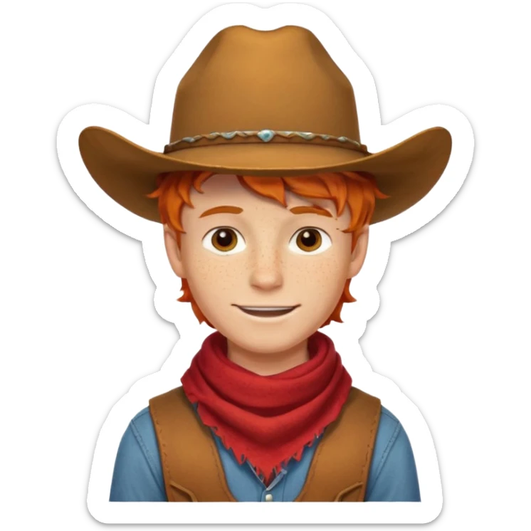 a wavy orange hair boy wearing a cowboy hat with a mischievous grin and freckles with western red scarf on his neck sticker