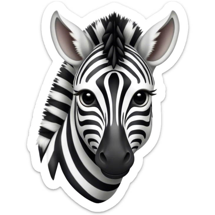 Cinematic Noble Zebra Portrait Emoji, Poised and regal, with a lean, elegant build and a striking Fur of bold black and white stripes, deep-set soulful piercing eyes, Simplified yet sharp and sophisticated features, highly detailed, glowing with a soft, dignified glow, high shine, intelligent and graceful, stylized with an air of savannah chic, focused and attentive, soft glowing outline, capturing the essence of a watchful and confident equine, so majestic it feels as though it could gallop out of the screen with effortless authority! sticker