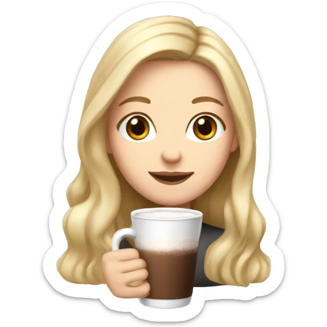white girl with blonde long hair and a hot chocolate sticker