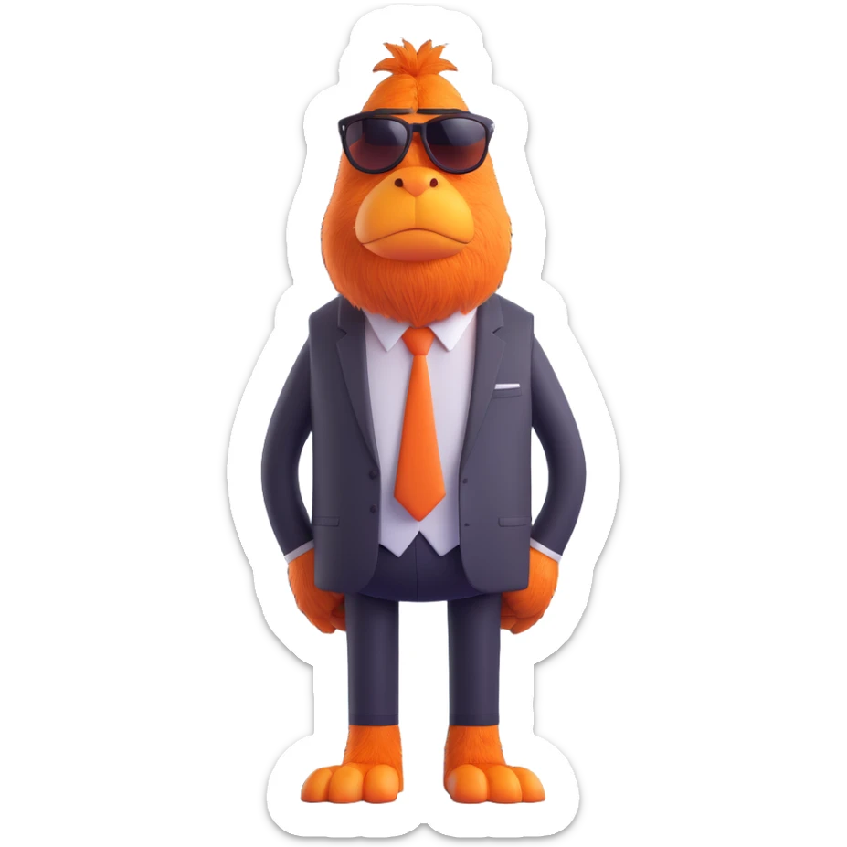 large furry cartoon creature with big orange nose, wearing sunglasses and black tie, standing upright, looking slightly to the left, grumpy expression, centered full body, plain blue background, 3D rendering style, smooth textures, bright lighting, humorous and playful mood sticker