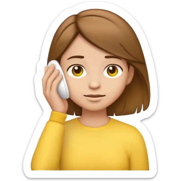 yellow emoji style character with brown hair tucking hair behind ear, neutral expression sticker