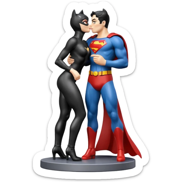 Isolated, ultra detailed illustration of the most incredibly realistic and sensual appearance, DC Hero Catwoman and superman kissing, 
figurine imaginable, in toy packaging, toy style. sticker