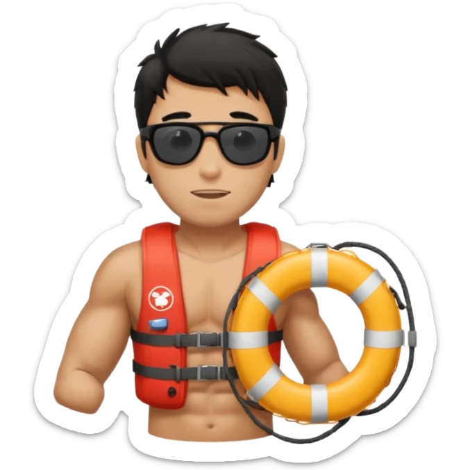 Dark Tan Muscular lifeguard with messy black hair with sunglasses, with life preserver sticker