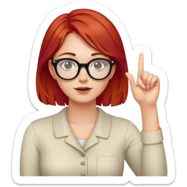 intelligent, 30 year old, girl, red hair, glasses, has an idea and hold der finger in the air sticker