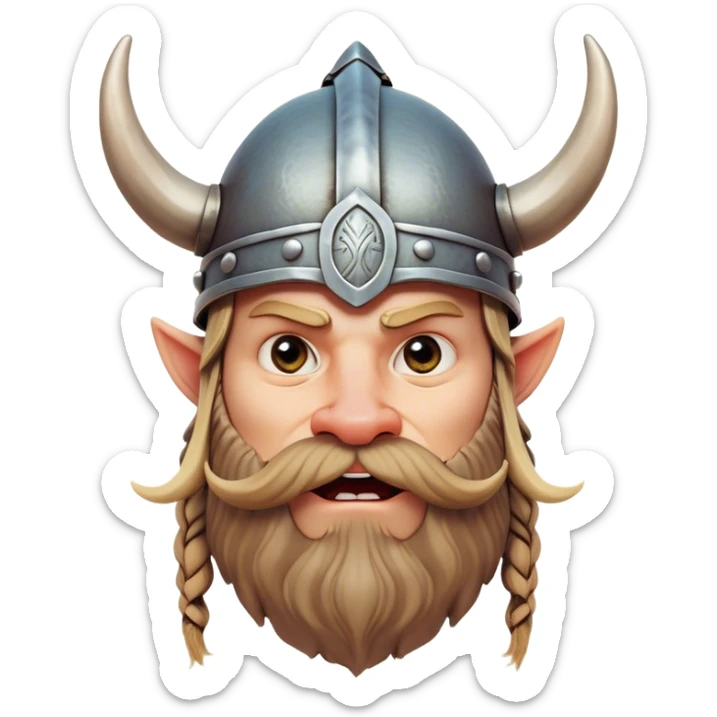 Clash of Clans aesthetic: Cinematic Comical Viking Portrait Emoji, Head tilted dramatically with an exaggerated, fun expression and wide, comically expressive eyes, featuring a rugged yet cartoonish build with a quirky Viking helmet with oversized horns and a playful beard, his face rendered in natural skin tone, Simplified yet hilariously expressive features, highly detailed, glowing with a slightly sassy, vibrant radiance, high shine, dramatic yet playful, stylized with an air of cheeky Nordic mischief, soft glowing outline, capturing the essence of a meme-worthy Viking bringing humor to epic adventures! sticker