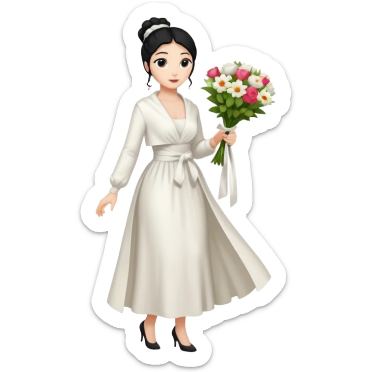 Chica blanca,cuerpo entero, vestido fiesta blanco ,manga larga ,con estola, pelo negro,    ramo de flores una mano, pelo recogido en moño alto sticker