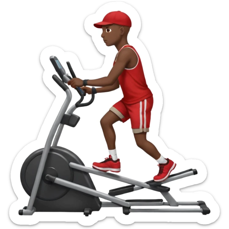 dark skin bald African American man on elliptical machine with red tank shirt and black shorts and backwards facing baseball hatcap sticker