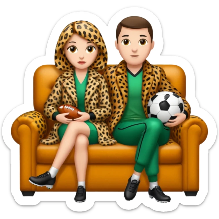 2 personnages : 1 footballeur assis dans un canapé du club ASSE et 1 femme avec un manteau léopard + 1 ballon de foot sticker