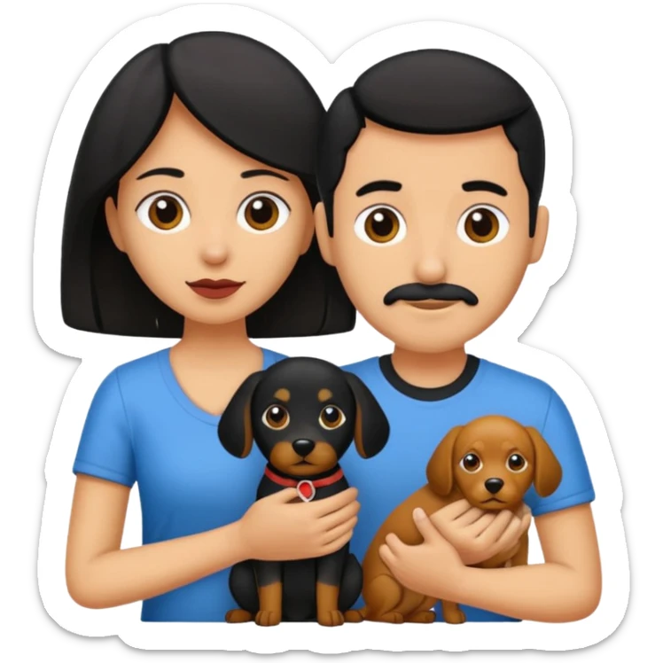 Pareja hombre y mujer, pelo negro ambos, y con dos perritos pincher en sus brazos sticker