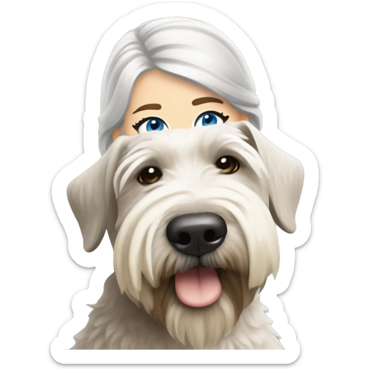 pretty woman blonde hair blue eyes hugging a white and gray soft coated wheaten terrier dog with bangs over one dog eye sticker