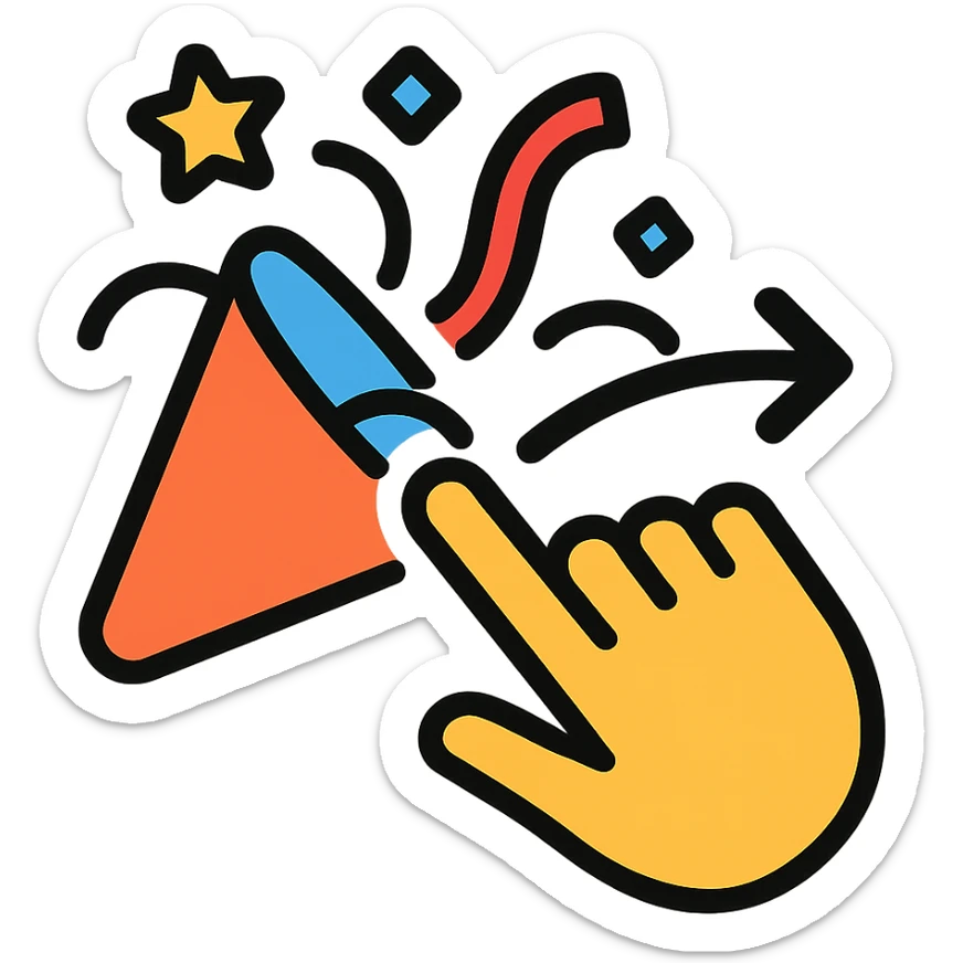 playful and energetic icon of a finger swiping across a party popper or confetti, suitable for an event app sticker