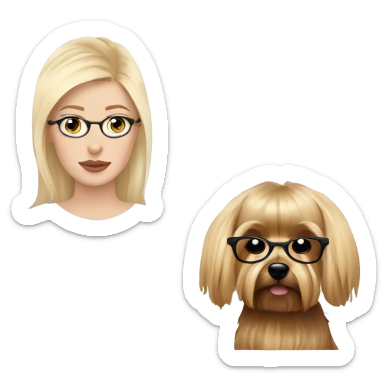 White girl, blonde hair, eyes closed, wearing glasses kisses Yorkshire terrier  sticker