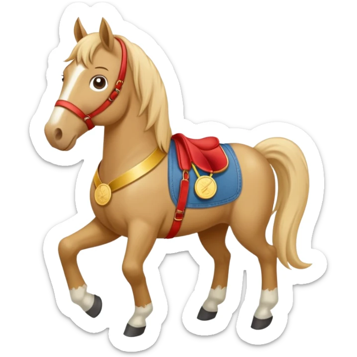 friendly anthropomorphised horse in jeans and a t-shirt, wearing a gold medal sticker