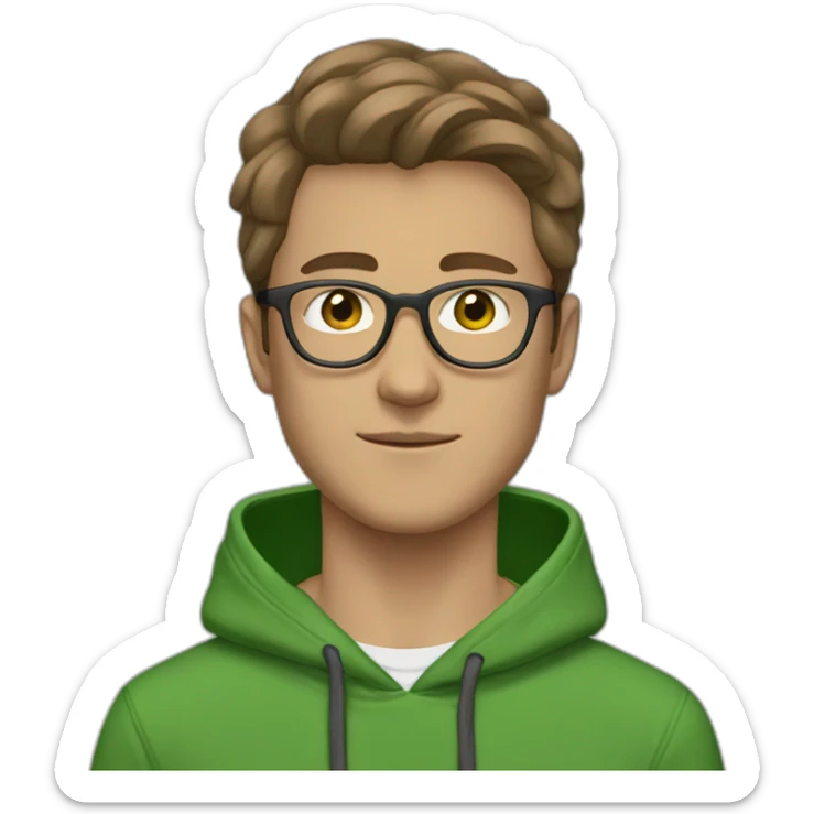 21 year old, white man, swooped brown hair, clear glasses, wide head, green hoodie sticker