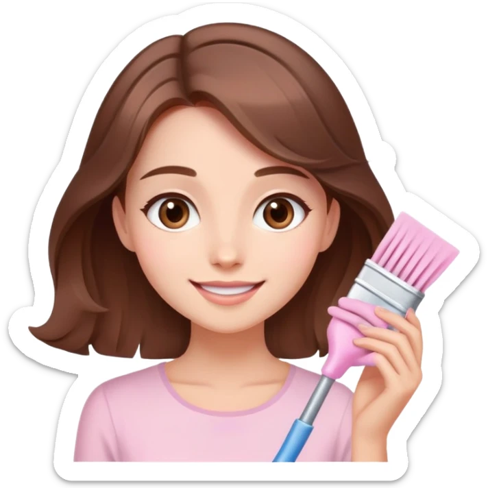  happy elegant beautiful girl flowy brown hair that is more valuable then corals  cleaning with a cute light pink aura behind here  sticker