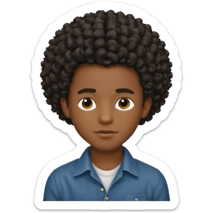 Garoto estiloso, bonito, gentil, de pele negra com cabelo cacheado e grande sticker