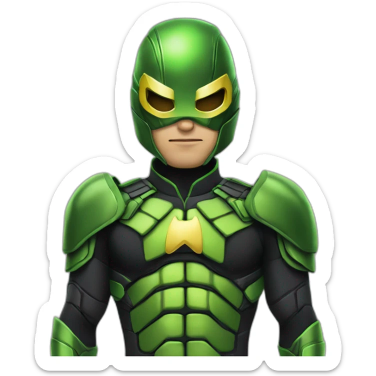 A superhero wearing an armored green and black suit inspired by Kick Ass and the Dragon Fly from super hero movie, the suit has a yellow M shaped emblem in the middle of the chest sticker