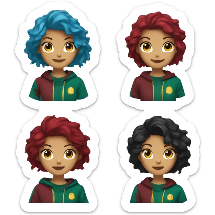 Lady with brunette and blue hair, gold, green dragon wings, maroon hoodie, black and gold Nike t shirt, and bright red eyes sticker