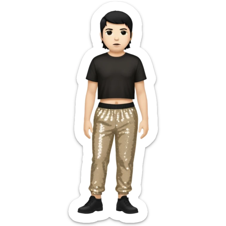 Chino Moreno with black hair, black sequin crop top, beige sequin baggy pants sticker