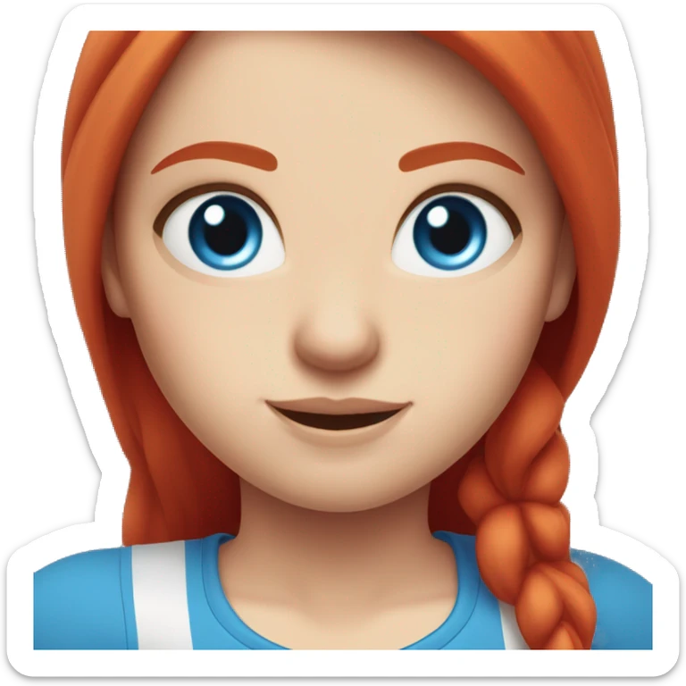 Pale skinned white girl With straight red hair and blue eyes. wearing a red Ferrari shirt and rolling her eyes sticker