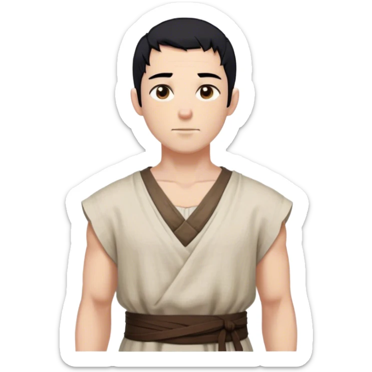 medieval summer outfit worn by a DnD themed fantasy male character. sleeveless peasant-style tunic made of coarse linen, slightly oversized. clothes only above the waist. The clothes full waist. The character's haven't arms. character is white-skinned, black hair, brown eyes, shaved head. sticker