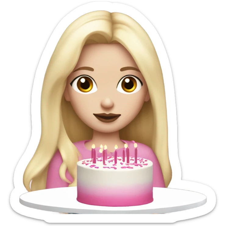 White girl with blonde straight hair, pink lips, dark eyes, white and pink birthday cake in hands, 32 on cake sticker