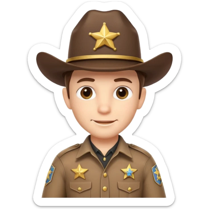 cute sheriff cowboy portrait, head and shoulders only, cowboy hat, sheriff badge on chest, confident smile, western uniform collar, 3D cartoon, mobile game icon style, clean background, no text, no watermark
 sticker