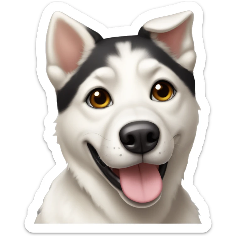 white husky-lab mix dog with black and tan and brown around his eyes and black/tan ears smiling with tongue out sticker