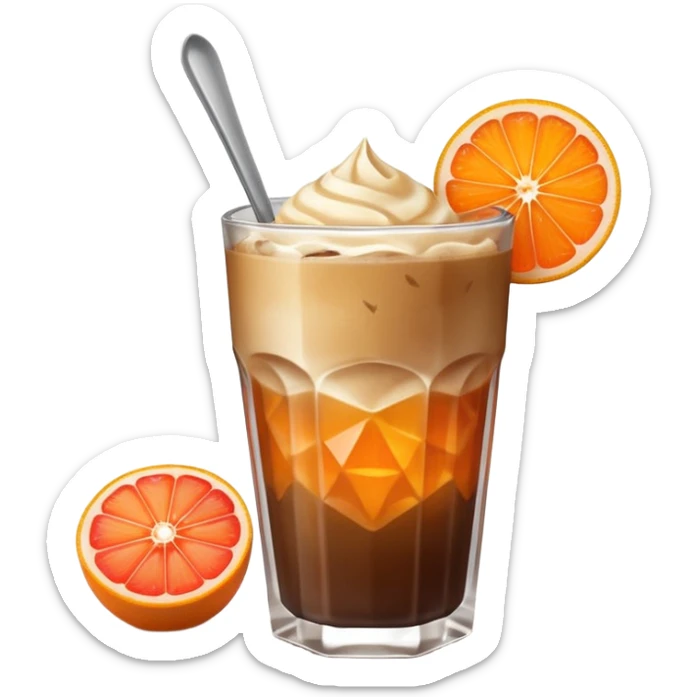 Emoji-style illustration of a grapefruit coffee in a faceted glass with iced dark coffee, light crema on top, orange peel garnish on the rim, and a small metal spoon. Cute modern iOS emoji look, smooth vector shapes, soft 3D shading, clean outlines, simple or transparent background, centered. sticker