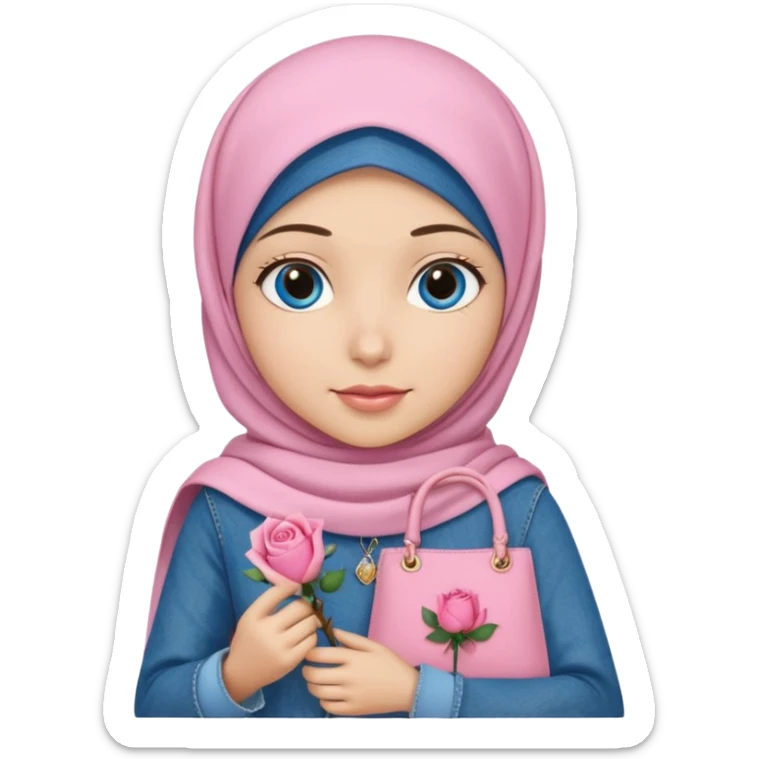 Turkish beautiful finish Konya girl blue eyes with denim hijab islamic dress and had on her hand pink rose bag sticker