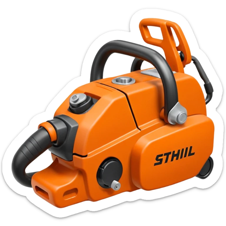 Kettensäge vom STIHL mit grauem Gehäuse, orangenem Deckel und schwarzen Griffen, die Schiene ist Grau, nicht Orange, mit Kette in Grau, seitlich ist das STIHL Logo in weißer Schrift in einem orangenem Kreis platziert sticker