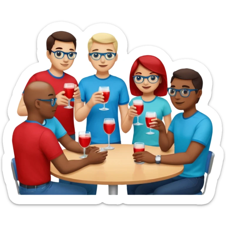 Ten adults in casual clothing with red, aqua and blue shirts, some with drinks chatting at an afterwork meeting sticker