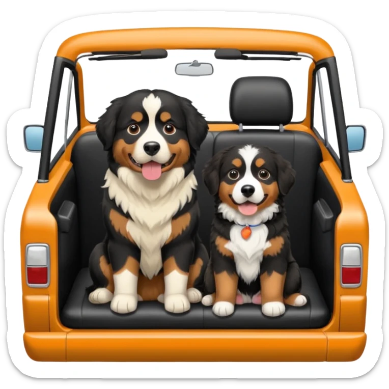 Cream colored ford bronco with no roof and an adult Bernese mountain dog in the seat sticker
